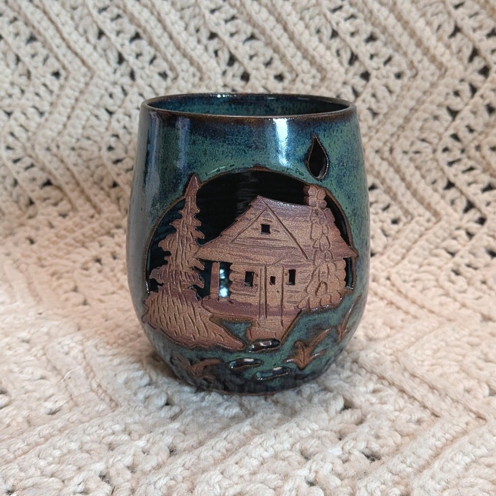 Studio Pottery Log Cabin Luminary Teal Green Glazed Ceramic Candle Holder 5in
